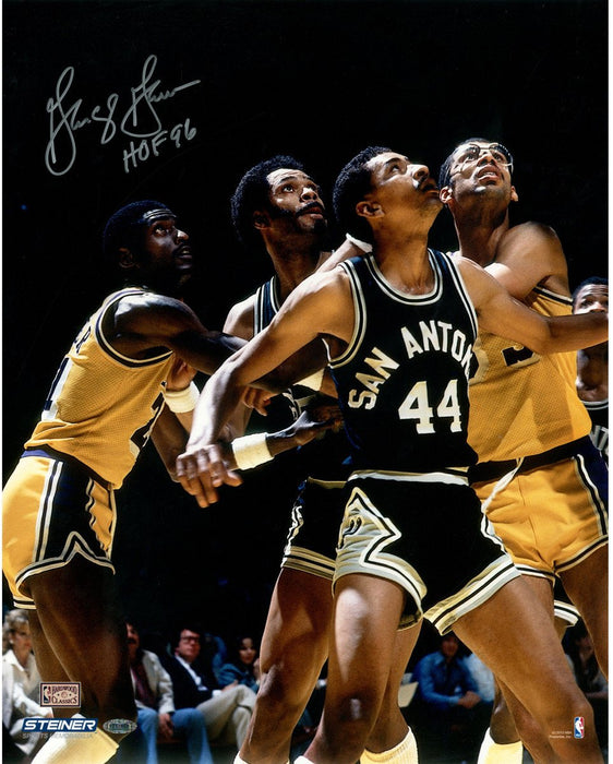 George Gervin Signed Box-0ut vs Lakers 8x10 photo  w/ HOF 96"Insc.