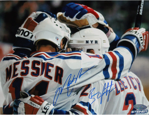 Brian Leetch/Mark Messier Dual Signed Team Huddle Signed 8x10 Photo