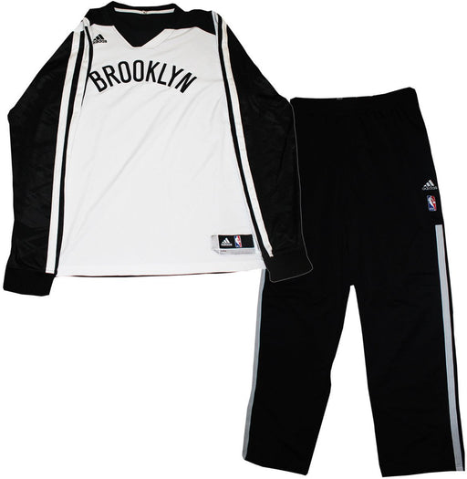 Andray Blatch Uniform - Brooklyn Nets 2013-2014 End of Regular Season and Playoff Game Used #0 White & Black Road Long Sleeve Shooting Shirt and Black Warmup Pants