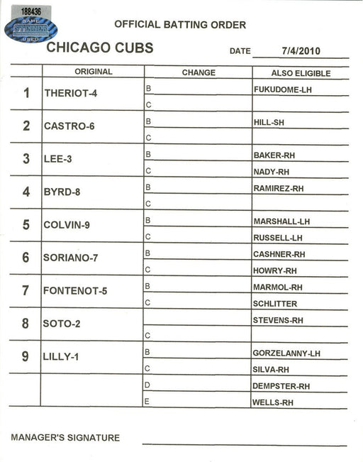 Chicago Cubs vs Cincinnati Reds 7-4-2010 White Game Used Line-up Card (No MLB Auth)