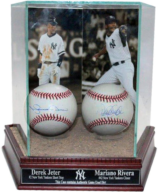 Derek Jeter & Mariano Rivera Background Glass Quad Baseball Case w/ Yankee Stadium Authentic Dirt & Nameplate