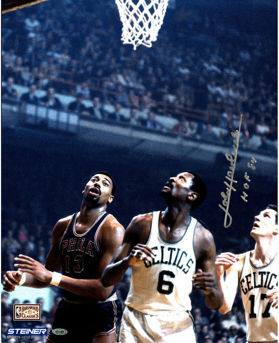 John Havlicek Signed Under Hoop With Russell and Chamberlain 16x20 Photo w/ HOF insc