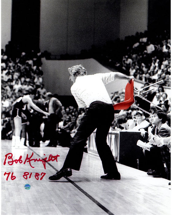 Bob Knight Signed Throwing Chair B&W w/ Red Chair 11x14 Photo w/ "76  81  87" Insc