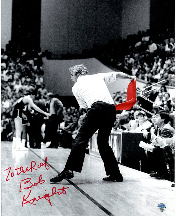 Bob Knight Signed Throwing Chair B&W w/ Red Chair 8x10 Photo w/ "To The Ref" Insc.