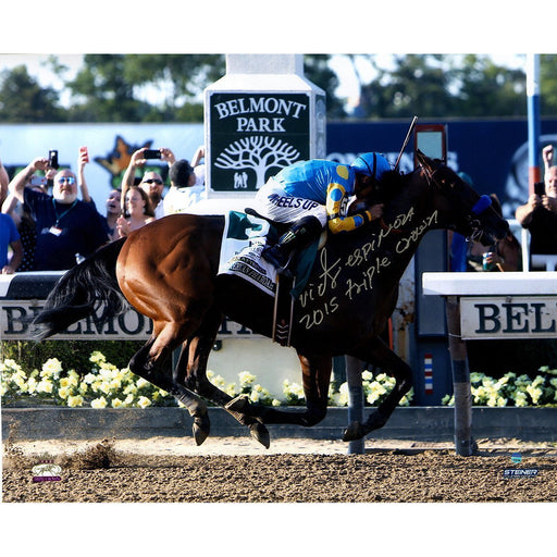 Victor Espinoza Signed American Pharoah Finish Line Celebration 2015 Belmont Stakes 16x20 Photo w/ 2015 Triple CrownInscSigned in Silver