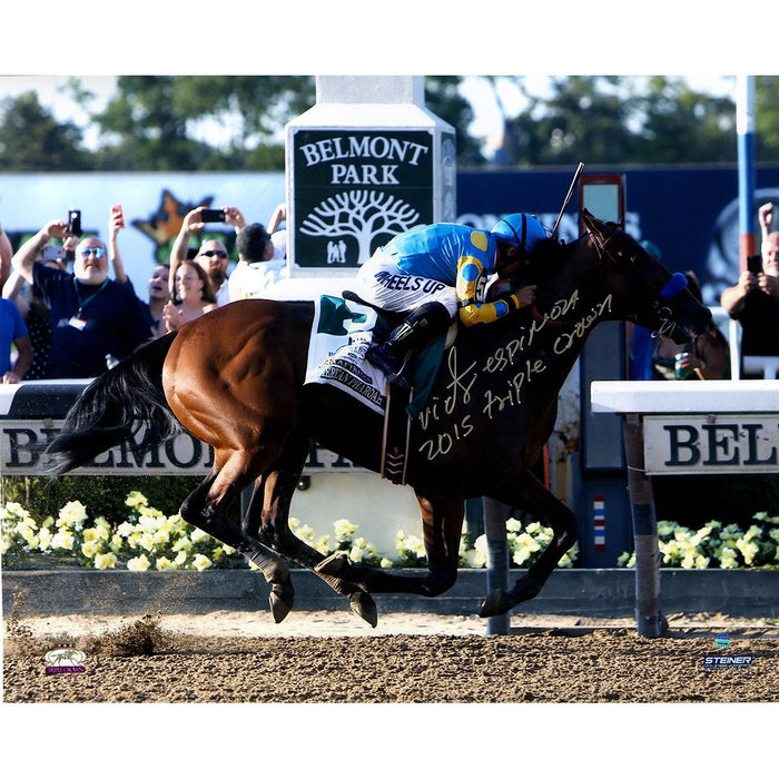 Victor Espinoza Signed American Pharoah Finish Line Celebration 2015 Belmont Stakes 16x20 Photo w/ "2015 Triple Crown"Insc.(Signed in Silver)