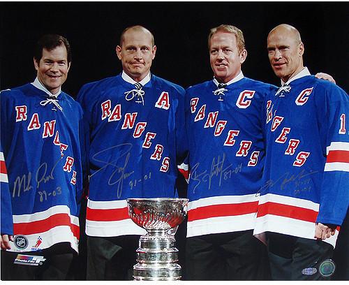 Mark Messier / Brian Leetch / Adam Graves / Mike Richter Multi Signed with Cup Horizontal 16x20 Photo w/ "Years Insc."