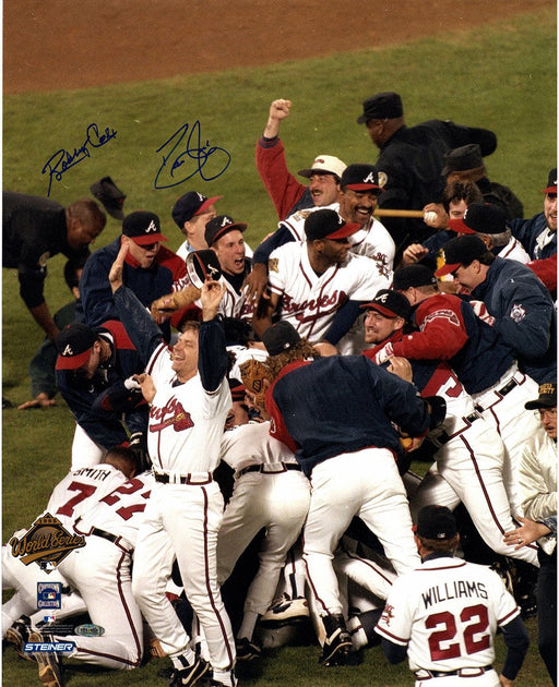 David Justice/Bobby Cox Dual Signed 1995 WS Celebration 16x20 Photo