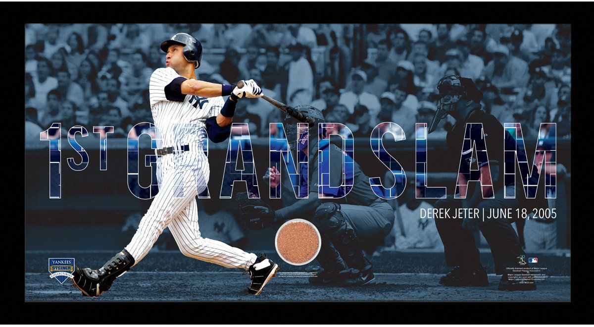 Derek Jeter Moments: 1st Grand Slam Collage Text Overlay w/ Game Used Dirt Framed 9.5x19 7331 Style