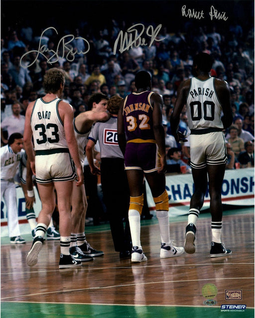 Robert Parish/Magic Johnson/Larry Bird Triple Signed On Court 16X20 Photo