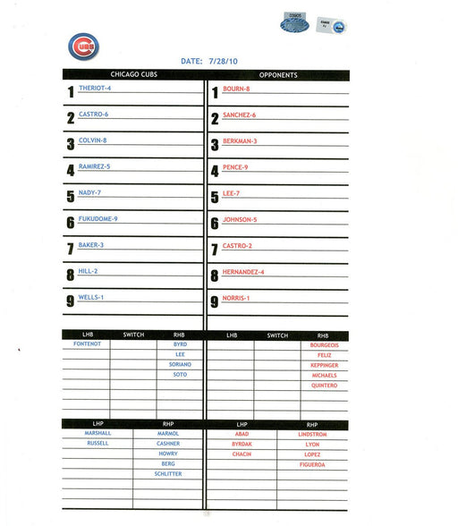 Cubs at Astros 7-28-2010 Replica Lineup Card (MLB Auth)