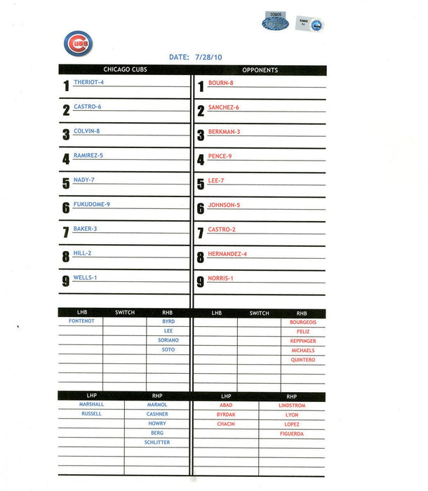 Cubs at Astros 7-28-2010 Replica Lineup Card (MLB Auth)