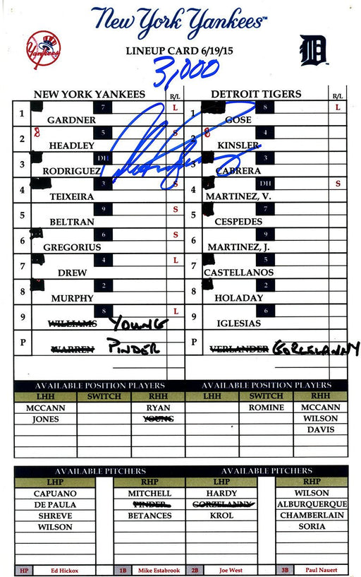 Alex Rodriguez Signed 3 000th Hit New York Yankees Replica Lineup Card w/ "3 000 Hits" Insc