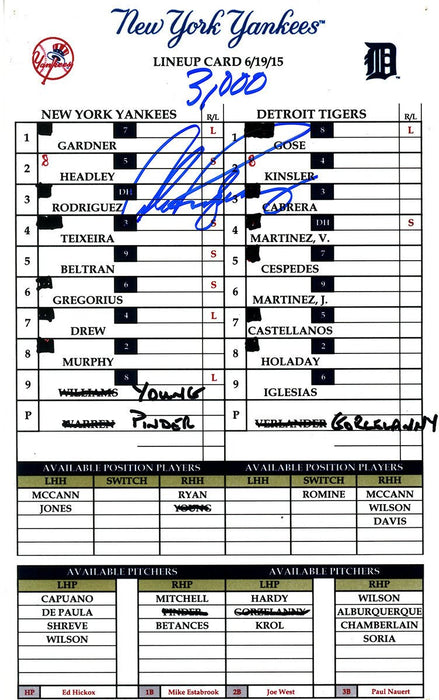 Alex Rodriguez Signed 3 000th Hit New York Yankees Replica Lineup Card w/ "3 000 Hits" Insc