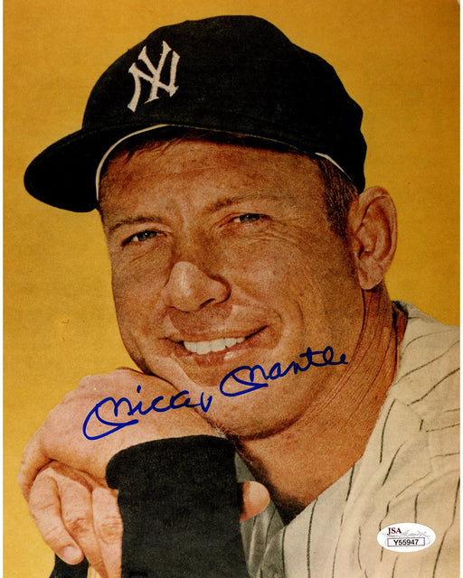 Mickey Mantle Signed Up Close w/ Yellow Background 8x10 Photo (JSA)