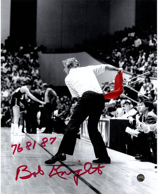 Bob Knight Signed Throwing Chair BW w/ Red Chair 8x10 Photo w/ 76 81 87 Insc