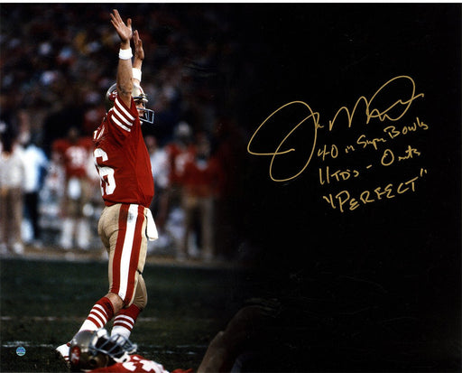 Joe Montana Signed 'Touchdown Signal' Spotlight 16x20  Photo w/ "4-0 in Super Bowls  11TD's- 0INT's  Perfect" Inscription