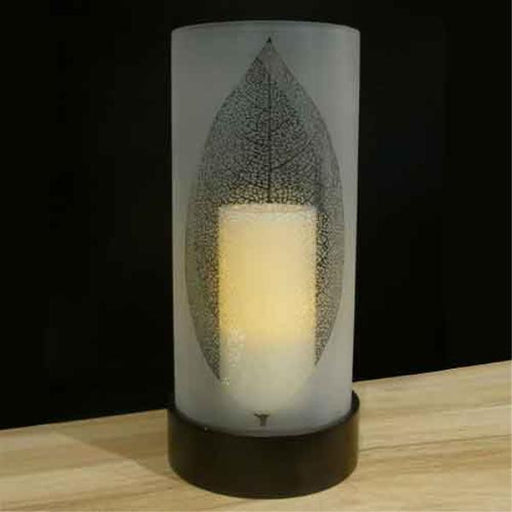 Frosted Glass Hurricane w/ Leaf Pattern -Flameless