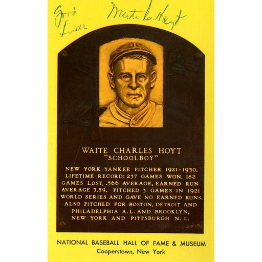 Waite Hoyt Signed HOF Plaque Postcard JSA