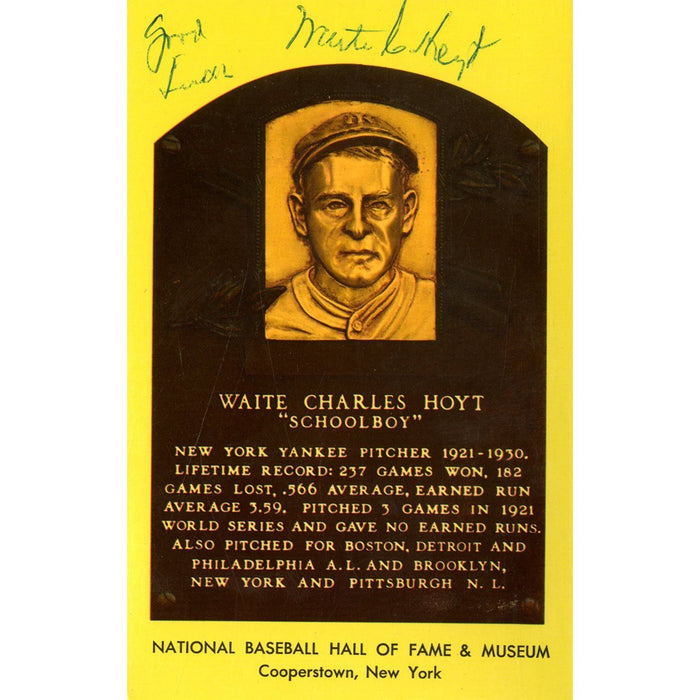 Waite Hoyt Signed HOF Plaque Postcard JSA