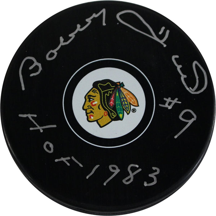 Bobby Hull Signed Chicago Blackhawks Puck w/"1983 HOF"(JSA)