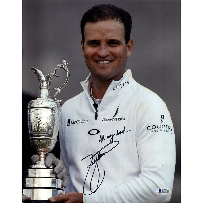 Zach Johnson Signed Close Up Holding Trophy 11x14 Photo All My Best Inscribed Beckett