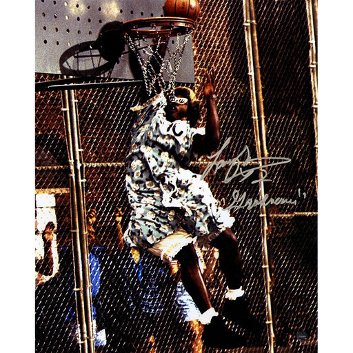 Larry Johnson Signed "Grandmama" Dunk 11x14 Photo w/"Grandmama"Insc. (Signed In Silver)