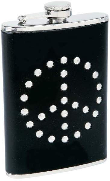 8 oz S/S Flask w Studded Peace Sign Faux Leather-BK