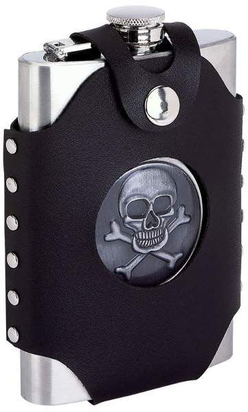 Maxam 8 oz S/S Flask with Skull & Crossbones Emblem