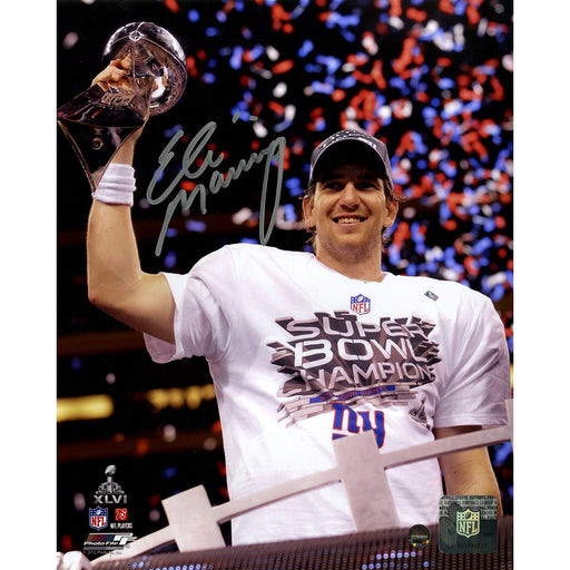 Eli Manning Signed Holding Super Bowl XLVI Trophy 8x10 Photo (Signed in Silver)