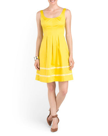 NINE WEST Topstitch Dress With Pleats, Womens, Size 6, Sunshine