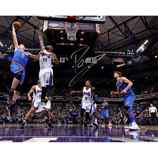 Kristaps Porzingis Signed Hook Shot Over Cousins 16x20 Photo