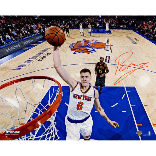 Kristaps Porzingis Signed Dunking vs. Hawks 16x20 Metallic Photo (Signed in Orange)