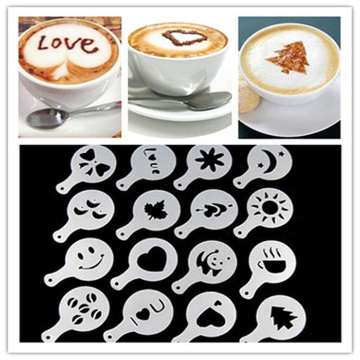 16pcs Coffee Stencil Filter , Coffee Barista Mold Templates . Strew Flowers Pad Spray,  Art Coffee Tools