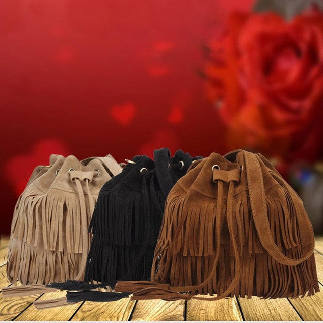 Fashion Women Bag Casual Tassel Solid Bags Drawstring Shoulder Bags Women Messenger