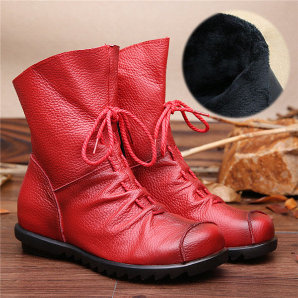 2017 Vintage Style Genuine Leather Women Boots Flat Booties Soft Cowhide Women's Shoes Front Zip Ankle Boots