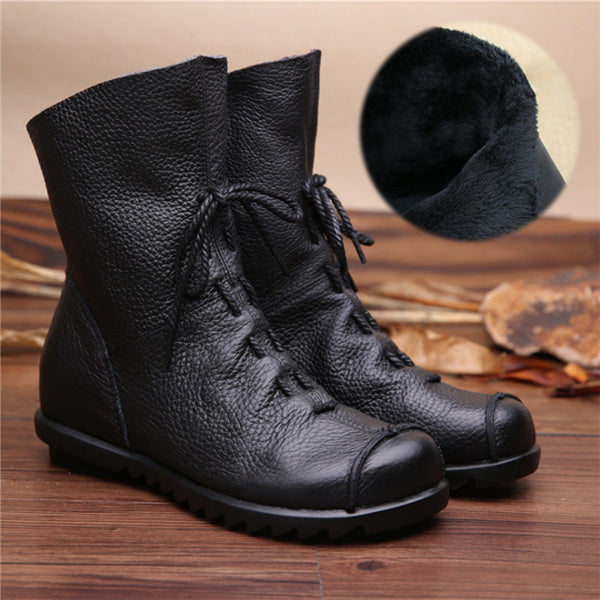 2017 Vintage Style Genuine Leather Women Boots Flat Booties Soft Cowhide Women's Shoes Front Zip Ankle Boots