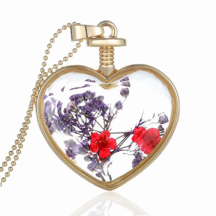 Pretty Heart-shaped Glass Wishing Bottle Pendant Necklace With Dry Flowers