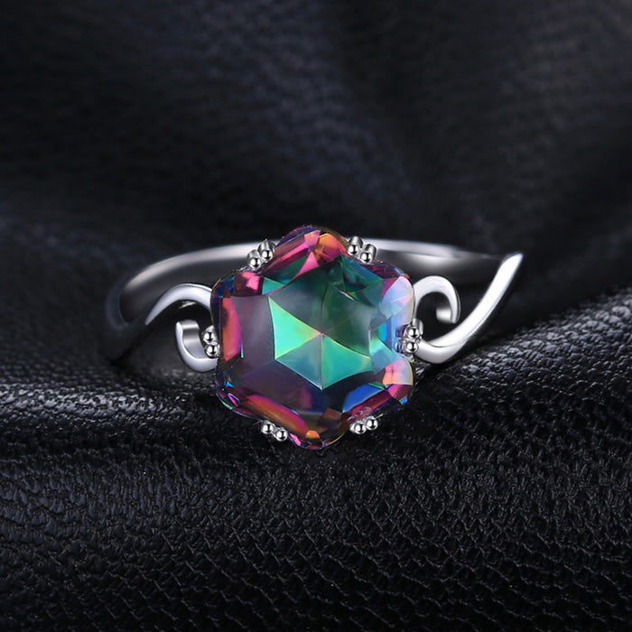 3.2ct Genuine Rainbow Fire Mystic Topaz Ring Solid 925 Sterling Silver Jewelry Best Gift For Women Fine Jewelry