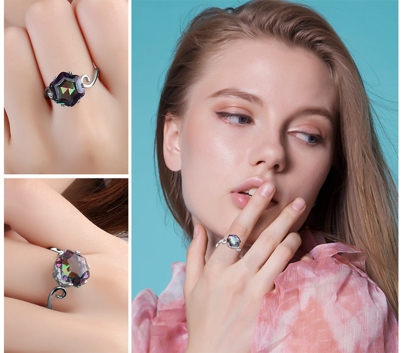 3.2ct Genuine Rainbow Fire Mystic Topaz Ring Solid 925 Sterling Silver Jewelry Best Gift For Women Fine Jewelry