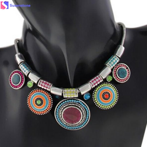 Fashion Choker Necklace New Ethnic Vintage Silver Plated Colorful Bead Pendant Necklace