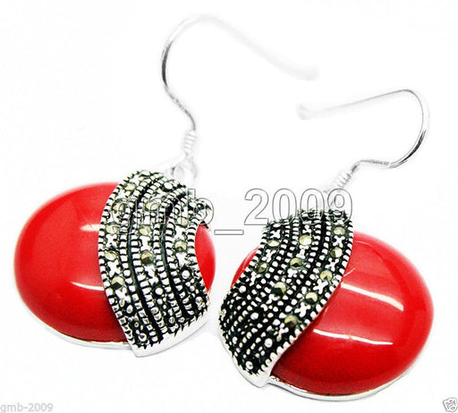 free shipping Fashion 925 Sterling Silver 18*18mm Red Coral Coin Marcasite Earrings