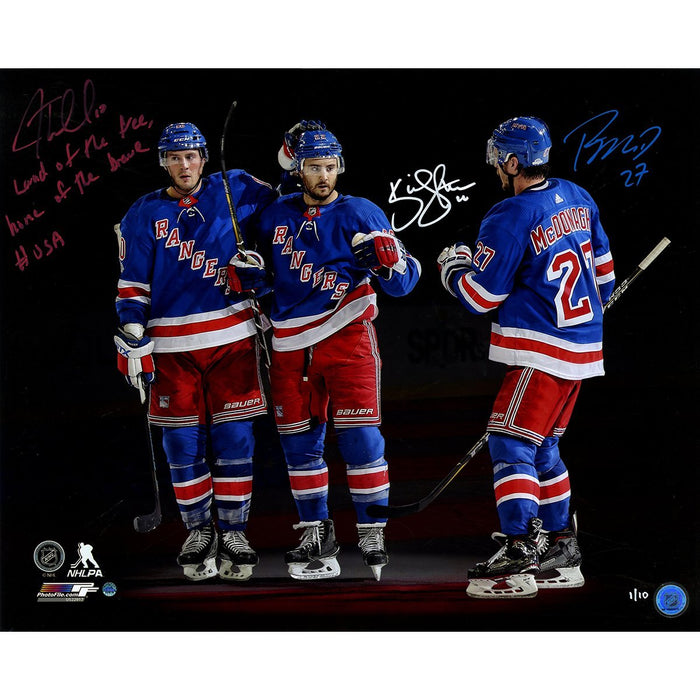 JT Miller/Kevin Shattenkirk/Ryan McDonagh Triple Signed and Inscribed "Land of the Free  Home of the Brave #USA" (Signed in Red White and Blue) Goal Celebration' 16x20 Photo (L/E 10)