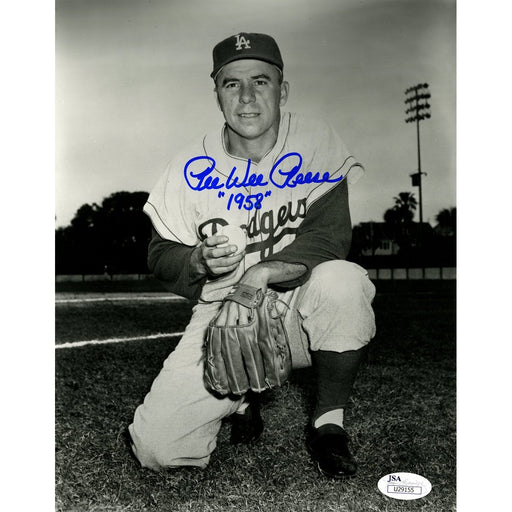 Pee Wee Reese Signed Black and White Kneeling 8x10 Photo 1958 Inscription JSA