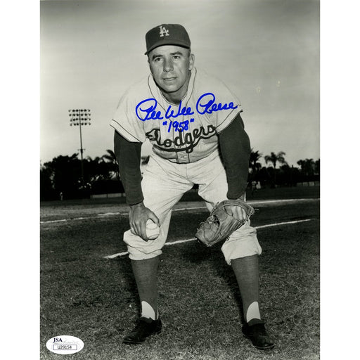 Pee Wee Reese Signed Black and White Crouching 8x10 Photo 1958 Inscription JSA