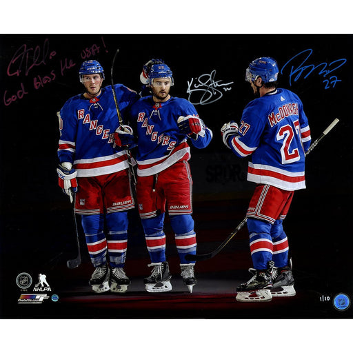 JT Miller/Kevin Shattenkirk/Ryan McDonagh Triple Signed and Inscribed "God Bless the USA!" (Signed in Red White and Blue) Goal Celebration' 16x20 Photo (L/E 10)