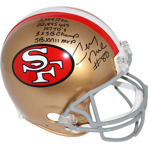 Jerry Rice Signed San Francisco 49ers Riddell Authentic Throwback 64-95 Helmet w/ "1,549 REC, 22,895 YDS, 197 TD's, 3x SB Champ, SB XIII MVP" Inscriptions