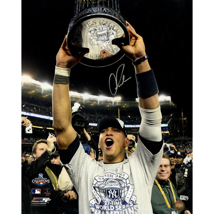 Alex Rodriguez Holding 2009 WS Trophy Vertical 16x20 Photo (MLB Auth)