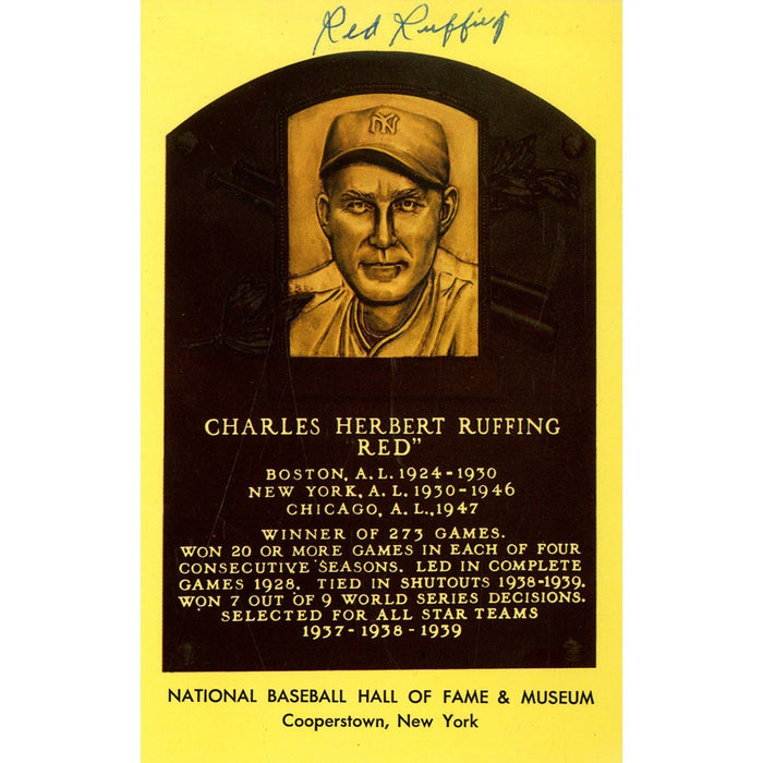 Red Ruffing Signed Hall of Fame Plaque Postcard JSA