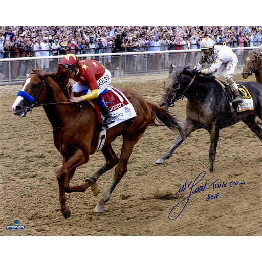 Mike Smith Signed 2018 Belmont Stakes Triple Crown 16x20 Photo w/ "2018 Triple Crown" Insc